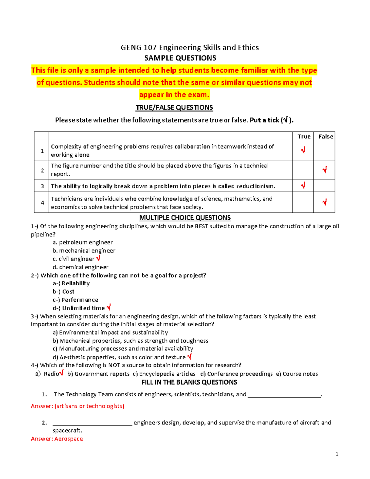 GENG 107 Engineering Skills & Ethics Sample Exam Questions - Studocu