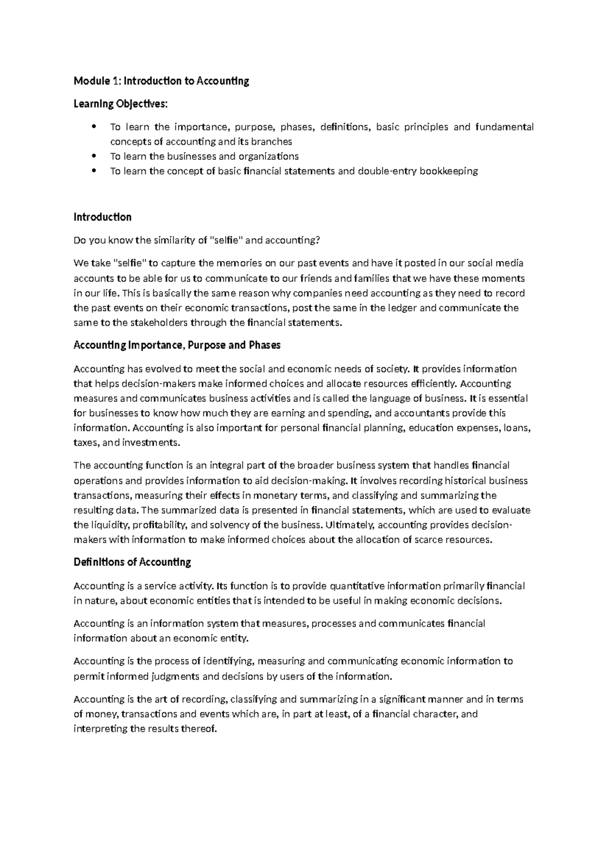 Accounting - None - Module 1: Introduction to Accounting Learning ...