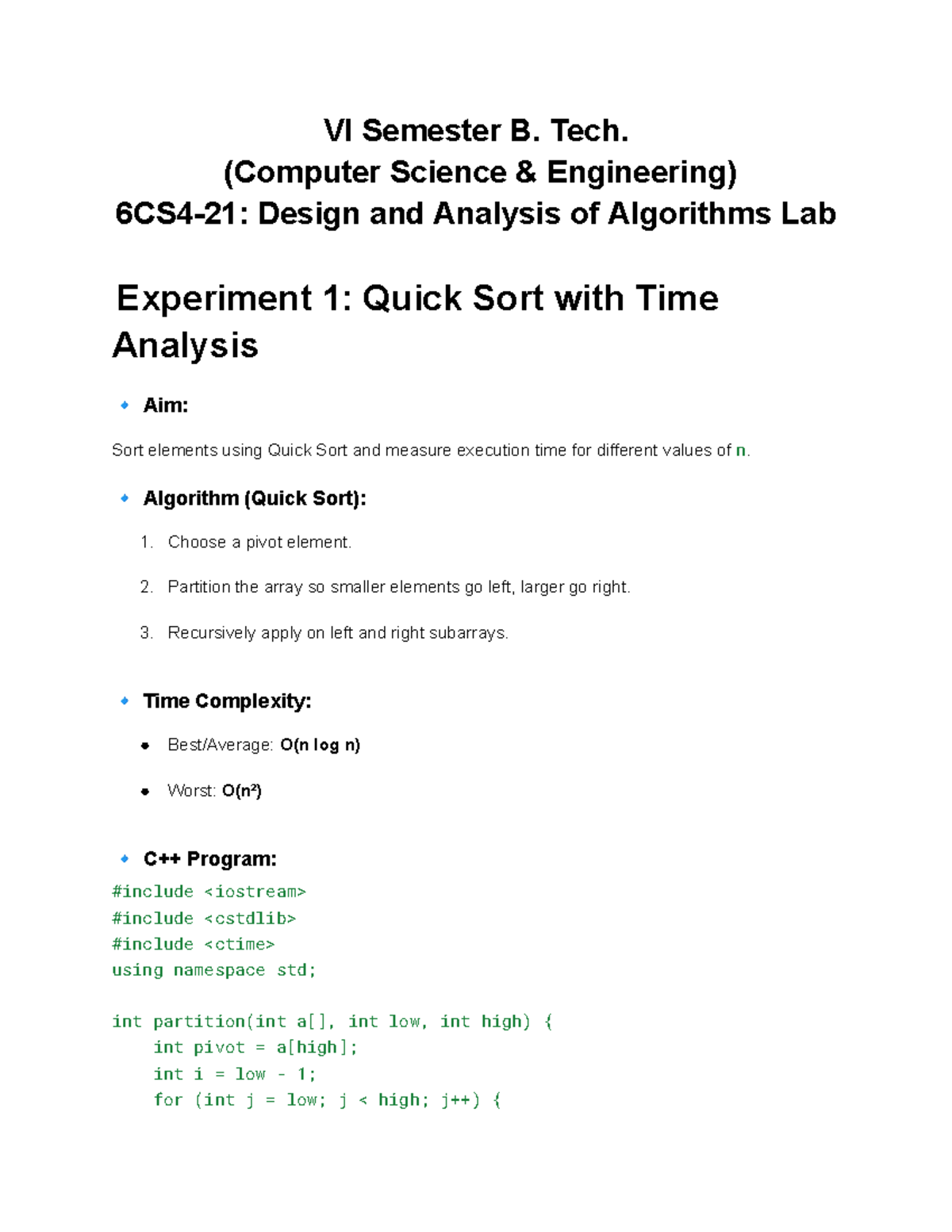 DAA Lab File C++ VI Sem B. Tech: Quick Sort & Other Algorithms - Studocu
