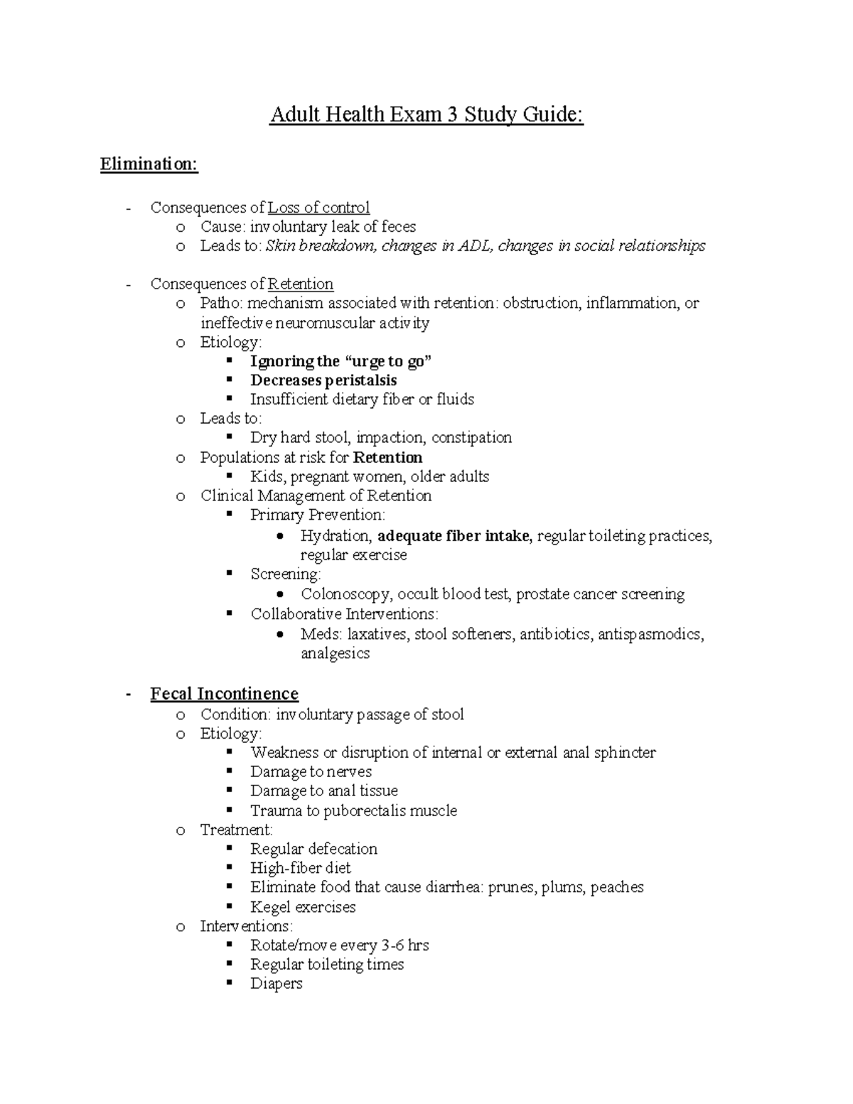 Ah 3 - Test 3 - Adult Health Exam 3 Study Guide: Elimination ...