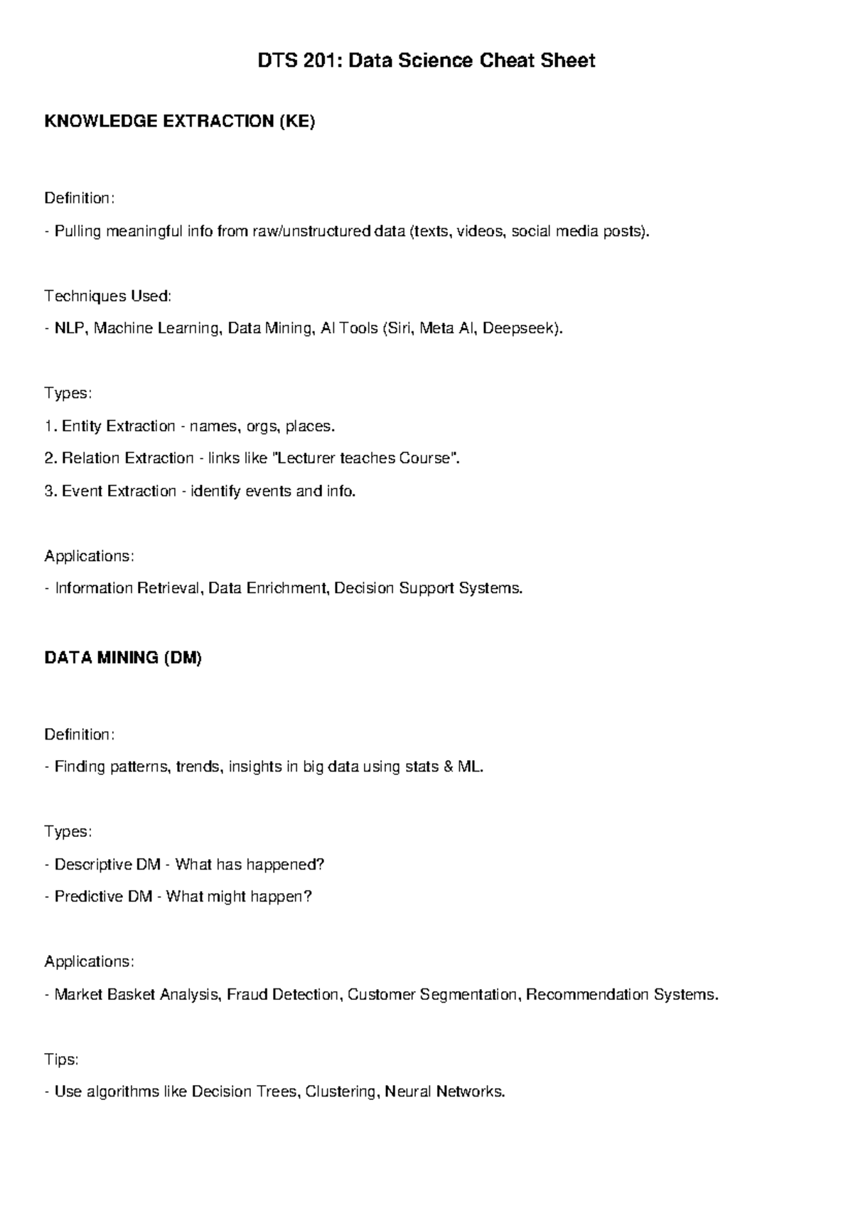 DTS 201: Data Science Cheat Sheet on Knowledge Extraction & Data Mining ...