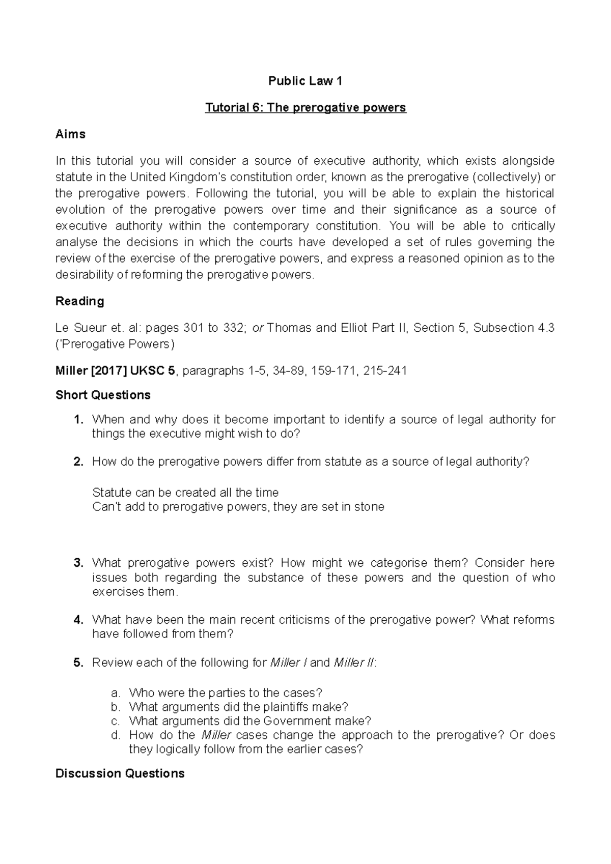Public Law 1: Tutorial 6 - Understanding the Prerogative Powers - Studocu