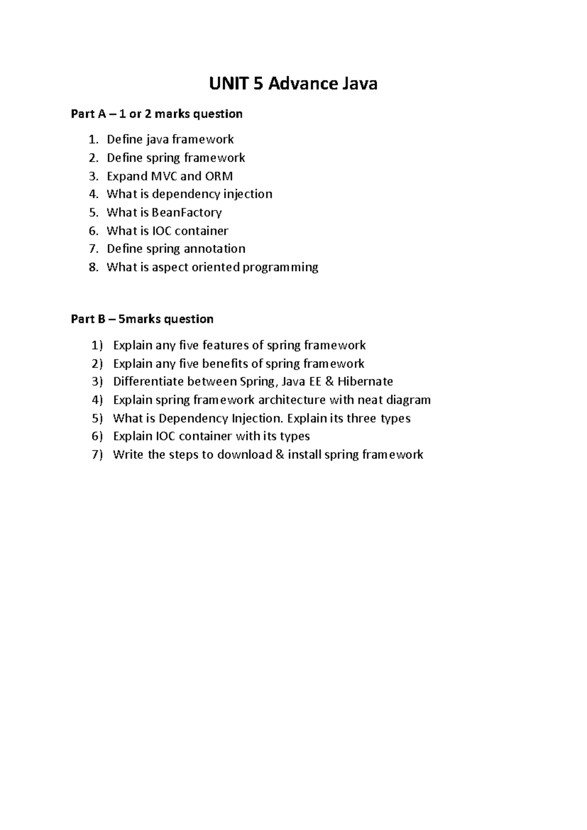 UNIT 5 Quiz - Advanced Java Framework Concepts - Studocu