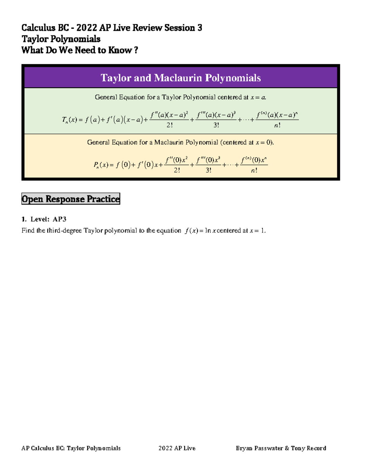 AP Calculus BC - Final Exam Live Review Session 3: Taylor Polynomials ...