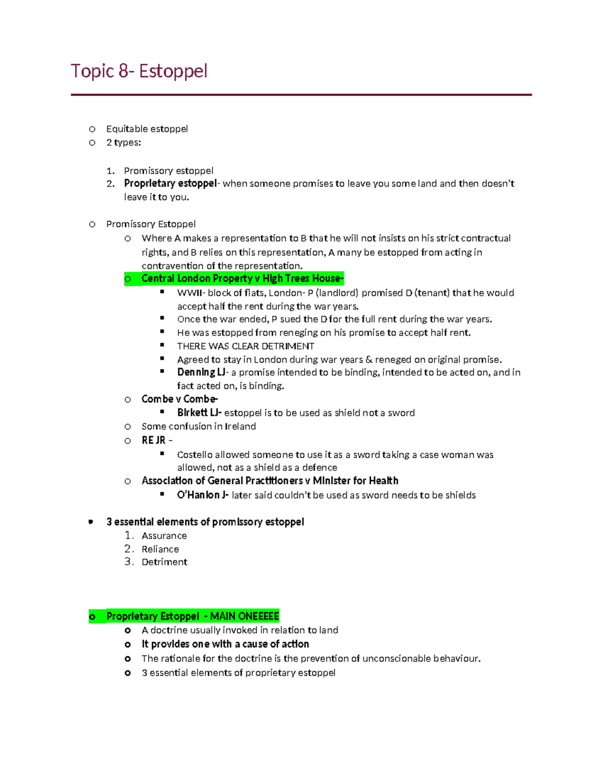 Topic 8: Summary of Estoppel in Land Law - Key Concepts and Cases - Studocu