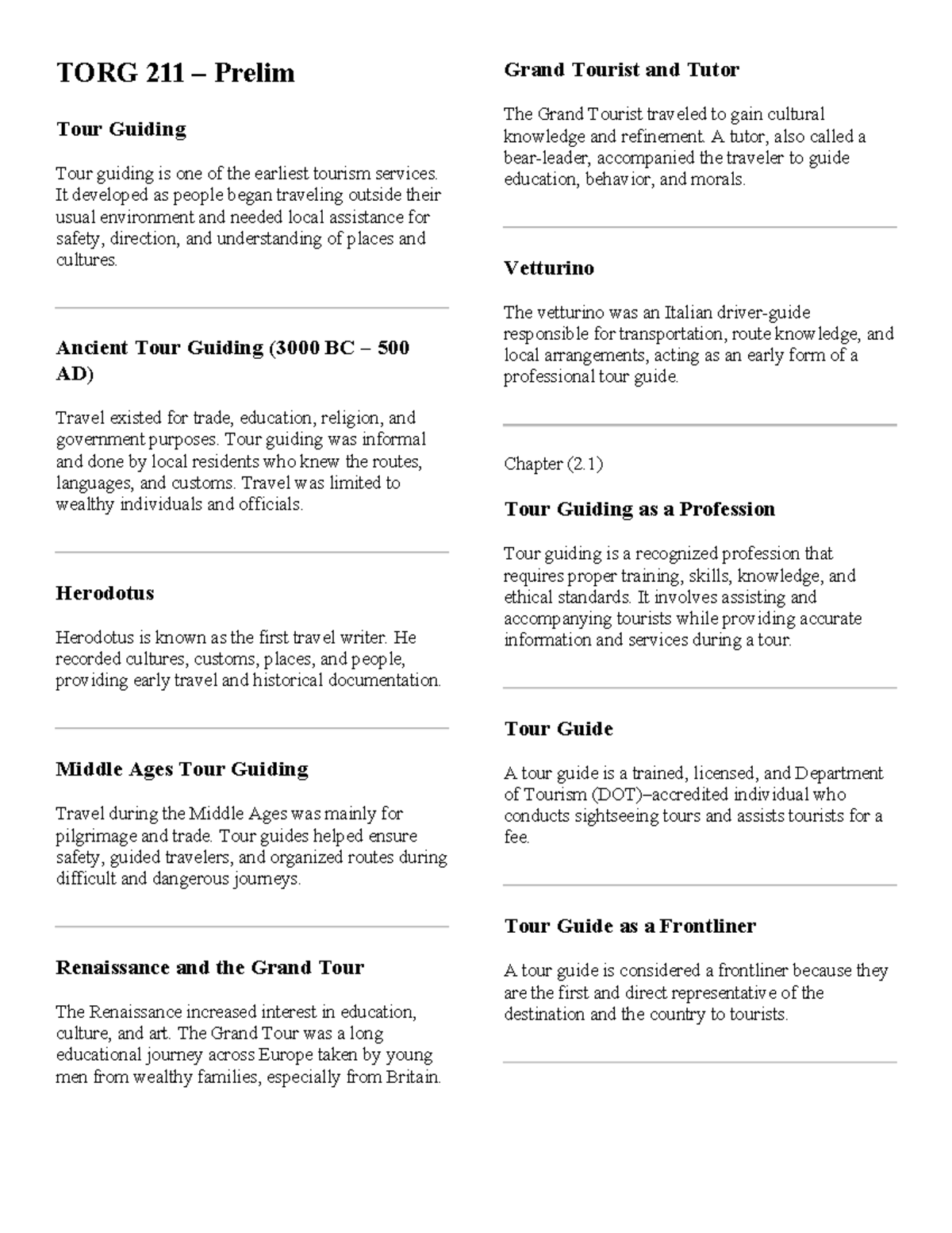 TORG 211 Prelim: The Evolution and Role of Tour Guiding - Studocu