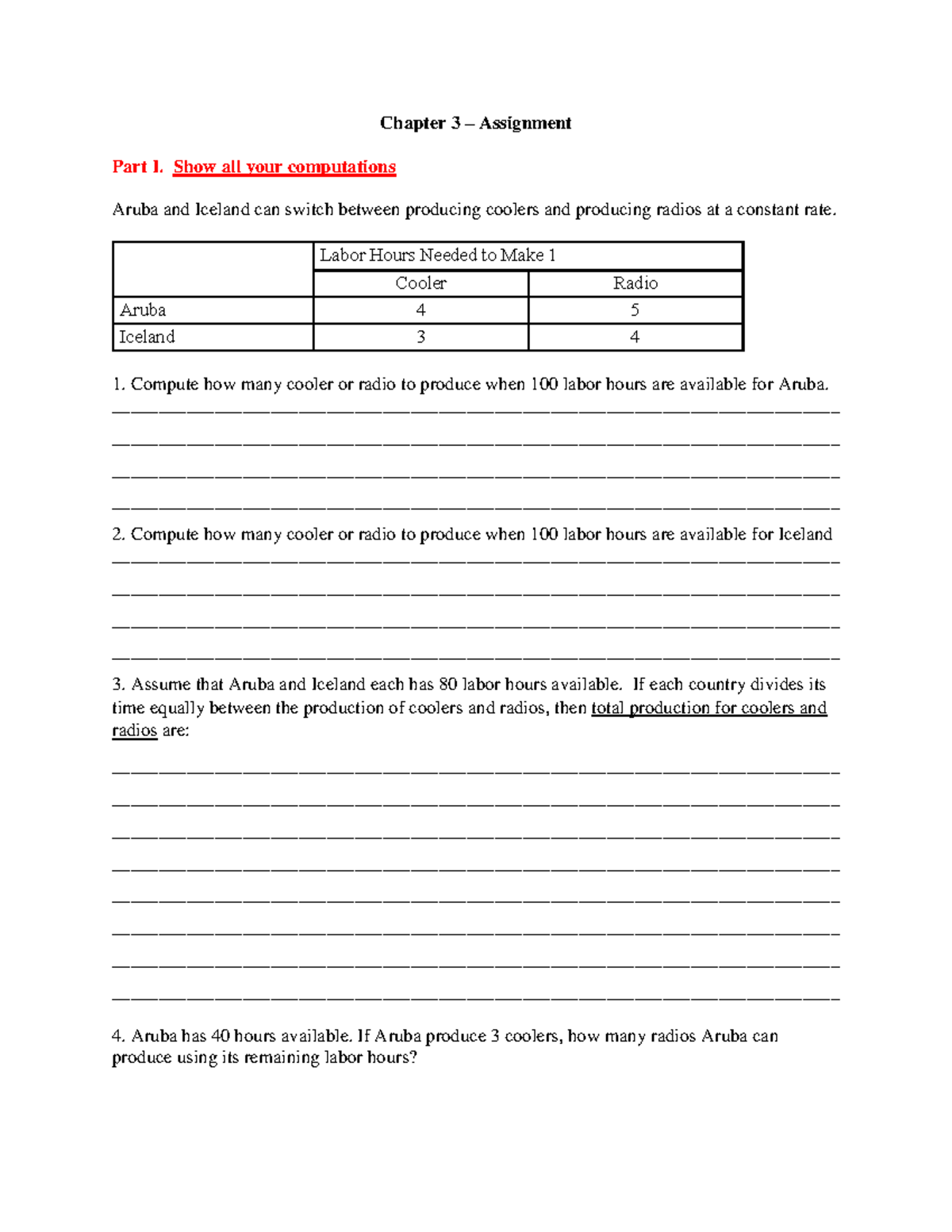 Set 1A - Assignment - Chapter 3 – Assignment Part I. Show all your ...