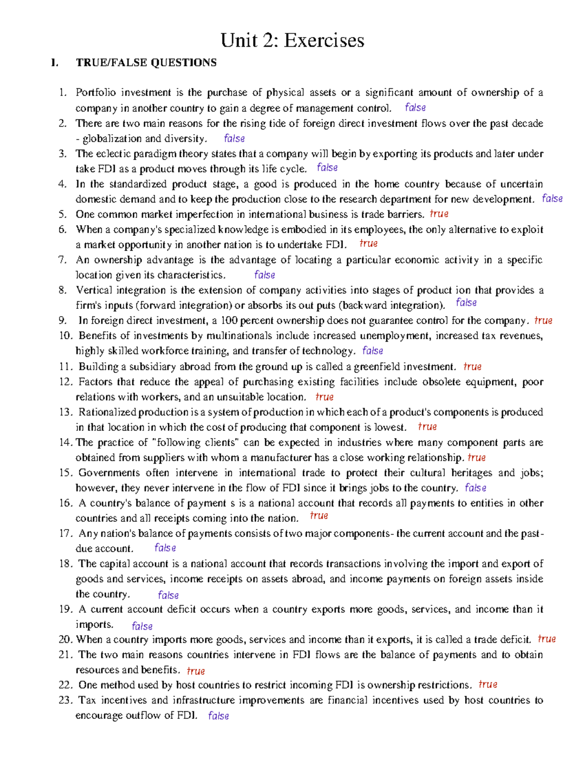 Unit 2 - Exercises: True/False & Multiple Choice Questions - Studocu