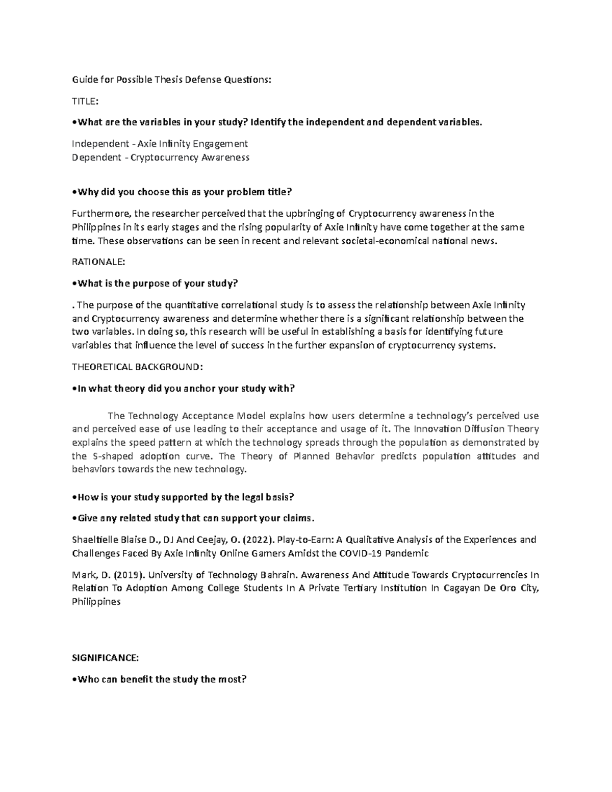 Guide to Anticipating Thesis Defense Questions on Axie Infinity & Crypto -  Studocu