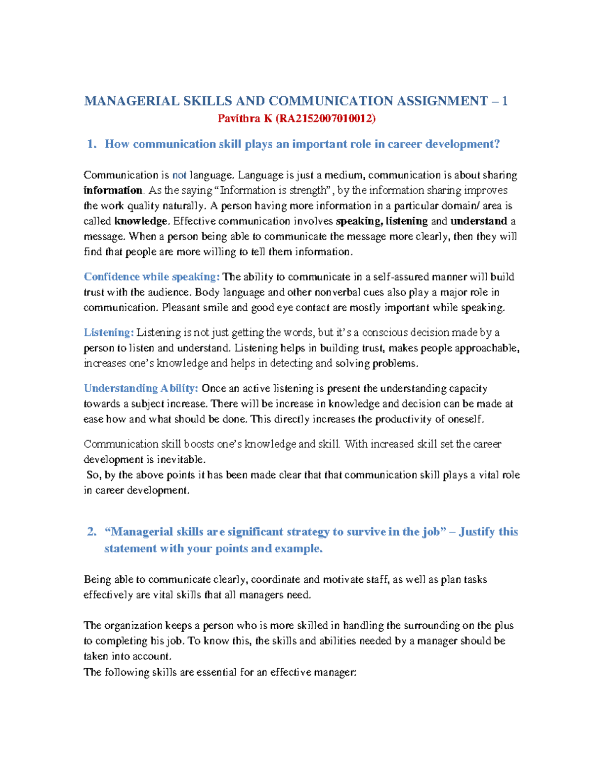 Managerial skills Assignment - MANAGERIAL SKILLS AND COMMUNICATION ...
