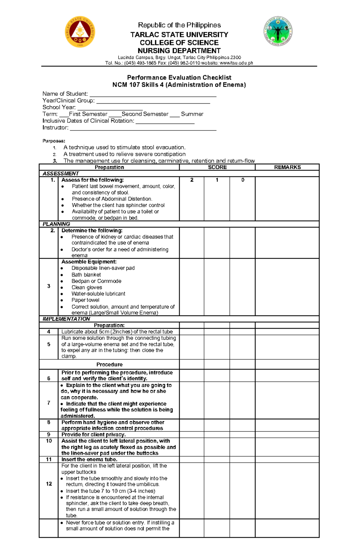 Checklist O2 and Enema Administration 1st Sem 2024 - Republic of the ...