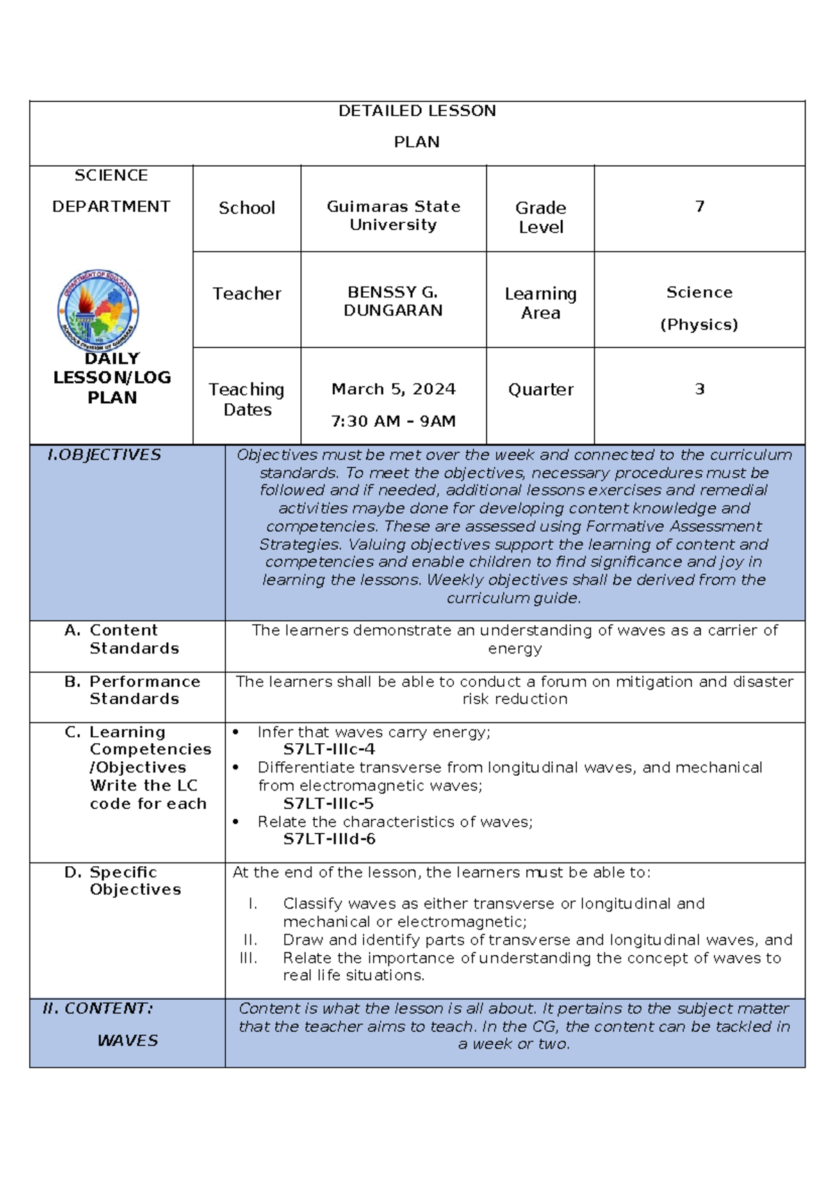 Detailed Lesson Plan on Waves for Grade 7 Science (Q3) - Studocu