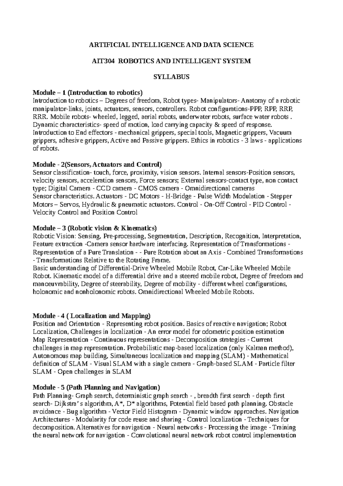 Robotics Syllabus AIT304: Introduction to Intelligent Systems - Studocu