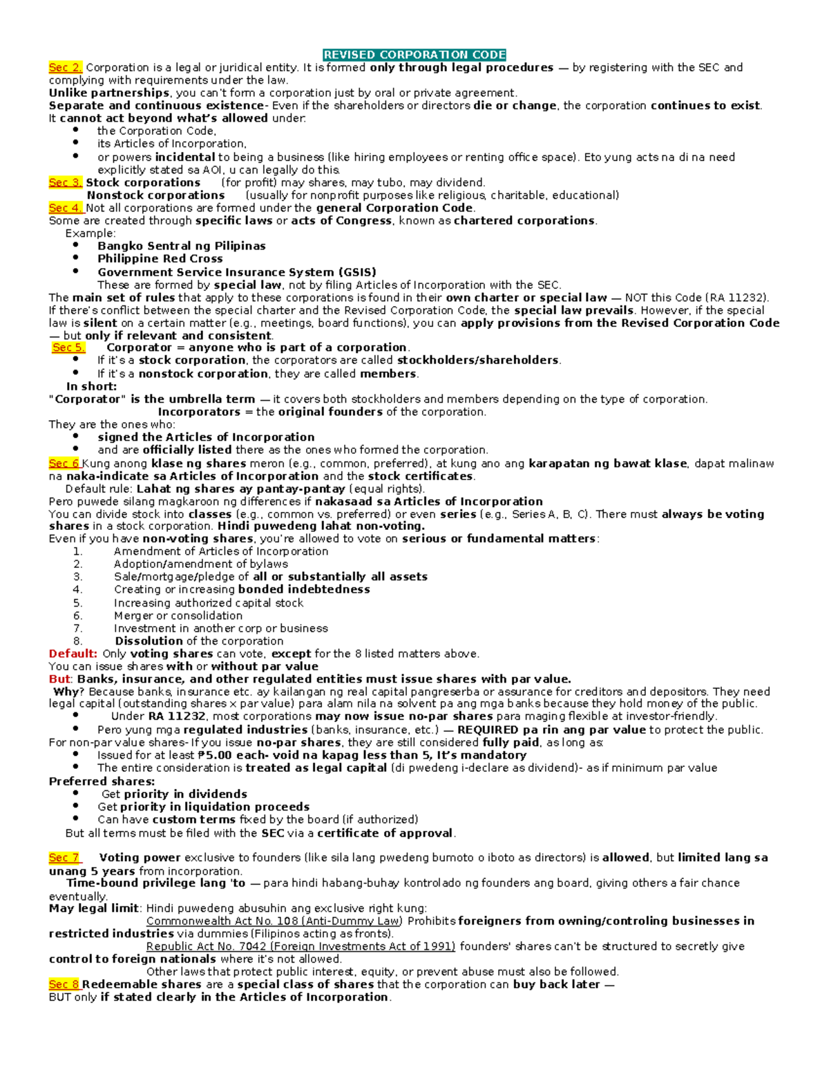 Revised Corporation Code Overview: Key Sections and Provisions - Studocu