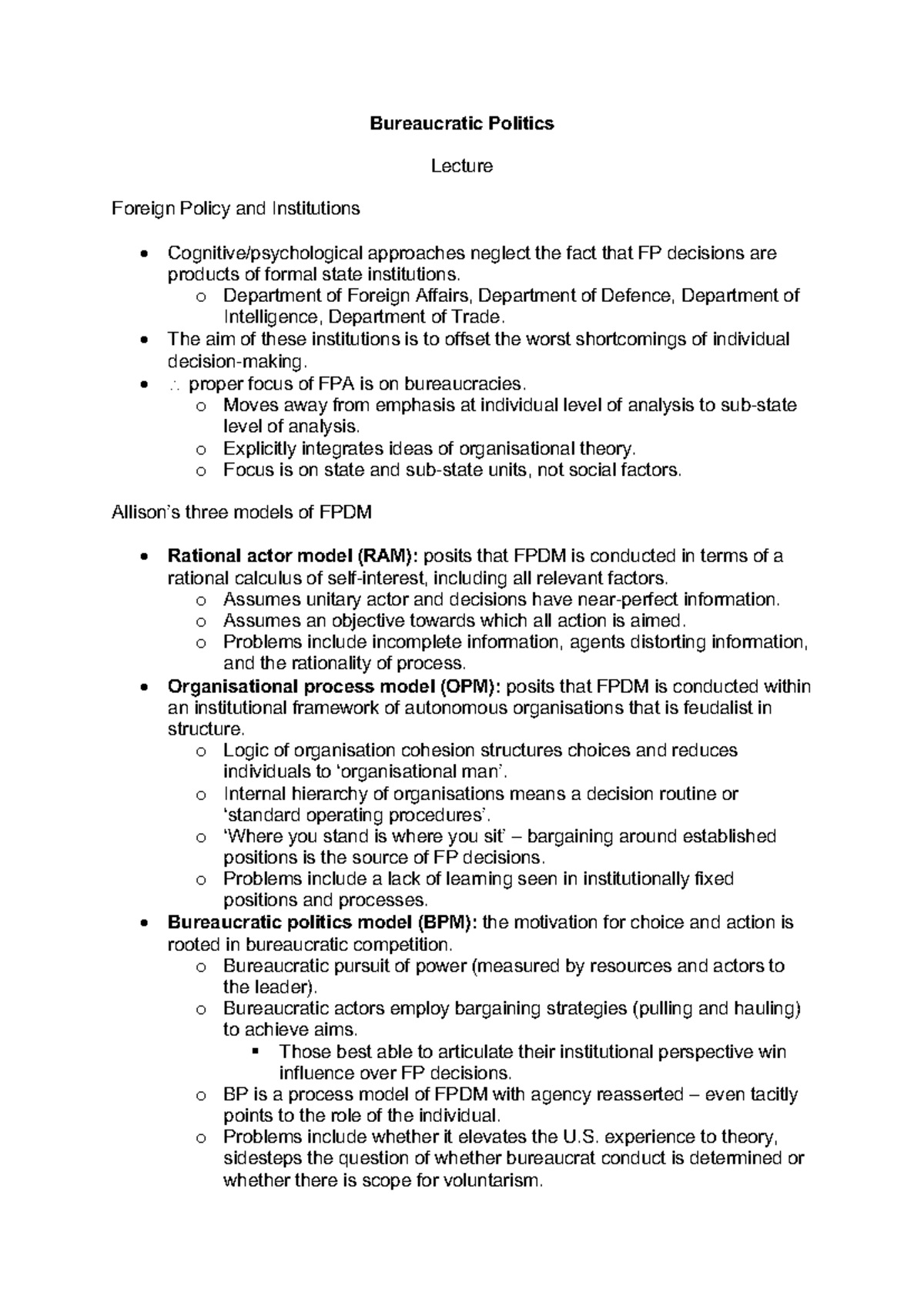 IR202 Lecture Notes: Bureaucratic Politics & Foreign Policy (Week 7 ...