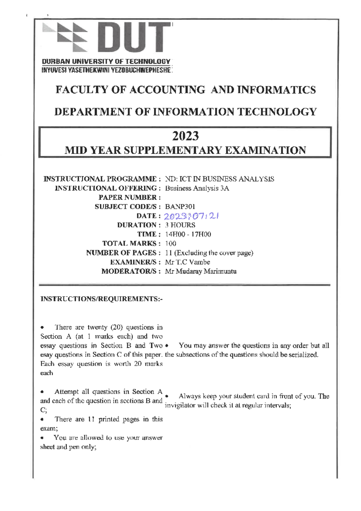 2023 Midyear Supplementary Exam for Business Analysis 3A BANP301 - Studocu