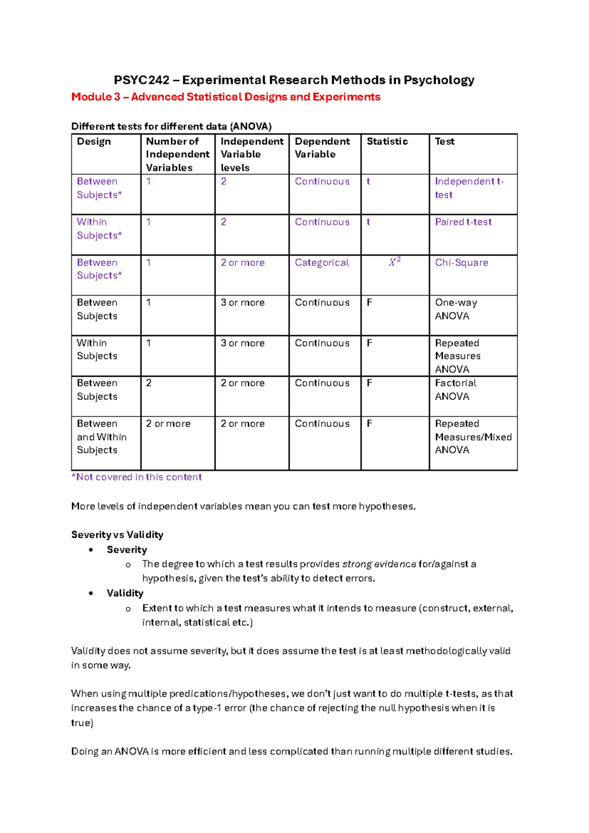 PSYC242 - Experimental Research Methods: Test 2 Revision on ANOVA - Studocu