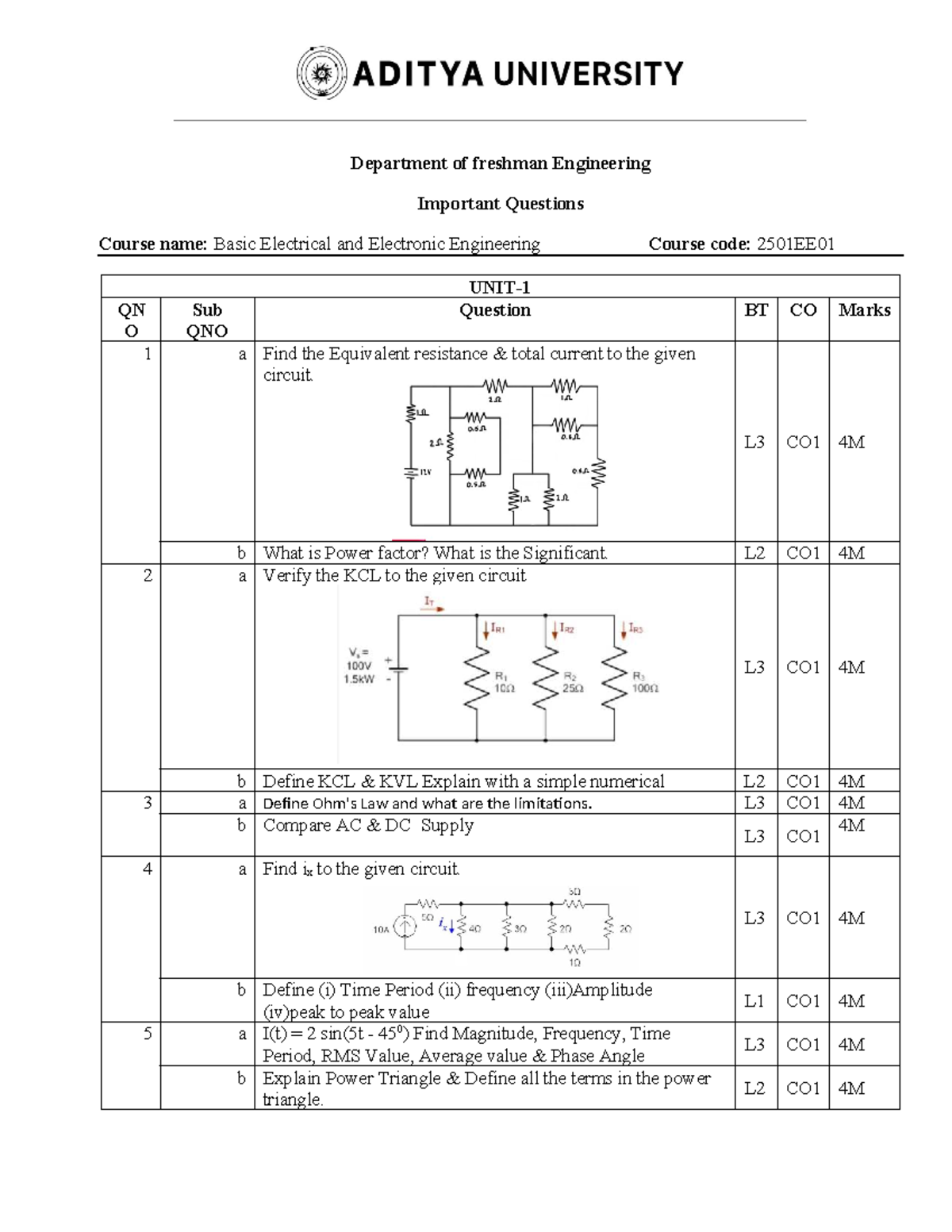 BEEE 2501EE01 Important Questions for Units 1, 2, and 3 - Studocu