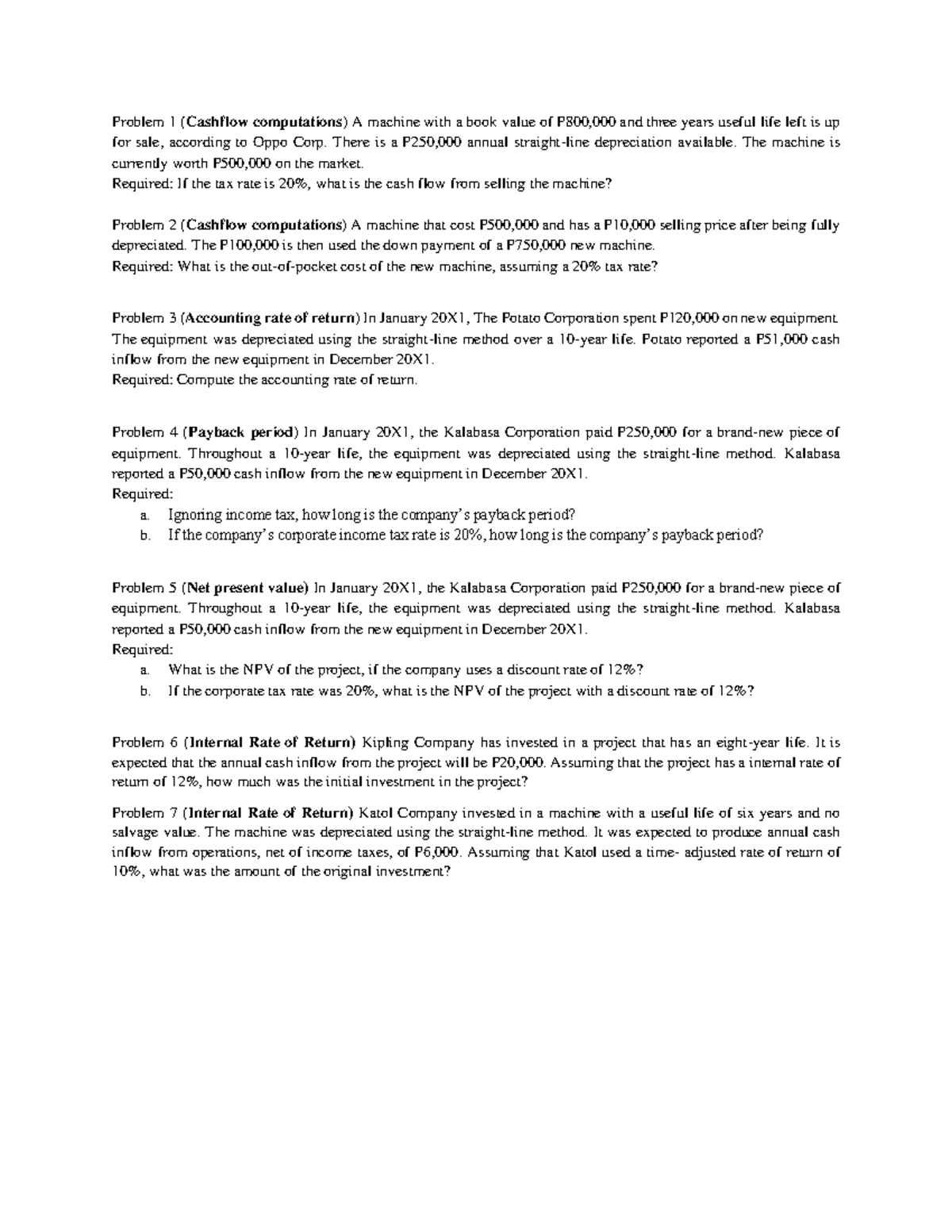 Capital Budgeting Assignment: Cash Flow & Investment Analysis - Studocu