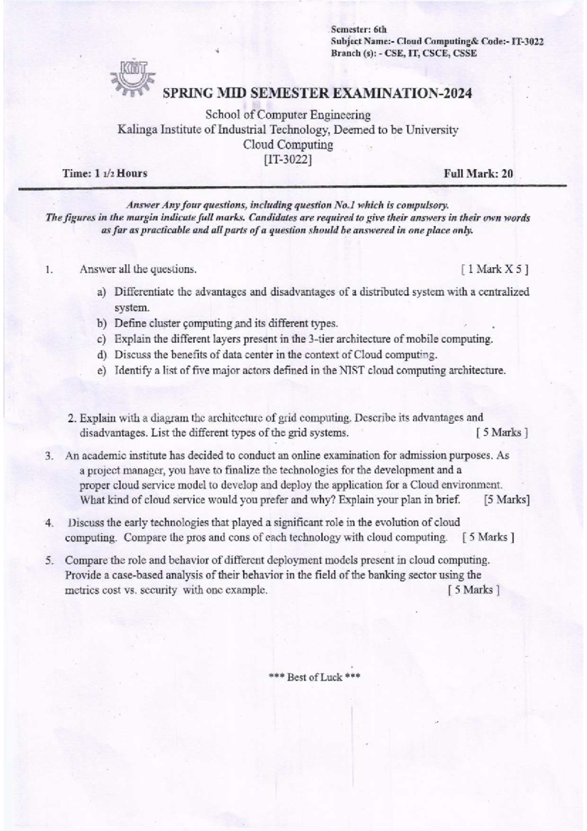 Cc mid 24 - cloud computing question paper for 6th semester - Studocu