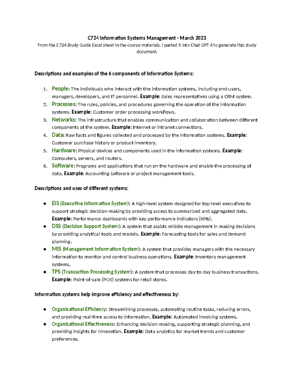 C724 Information Systems Management Study Guide - March 2023 - Studocu