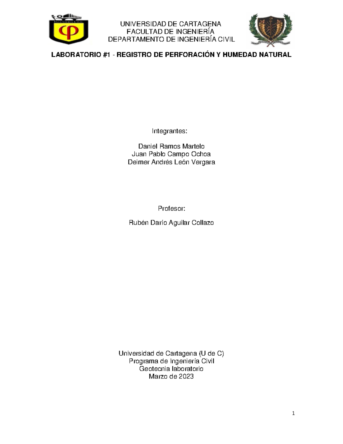 Laboratorio #1 - Registro de Humedad Natural del Suelo en Geotecnia - Document Preview