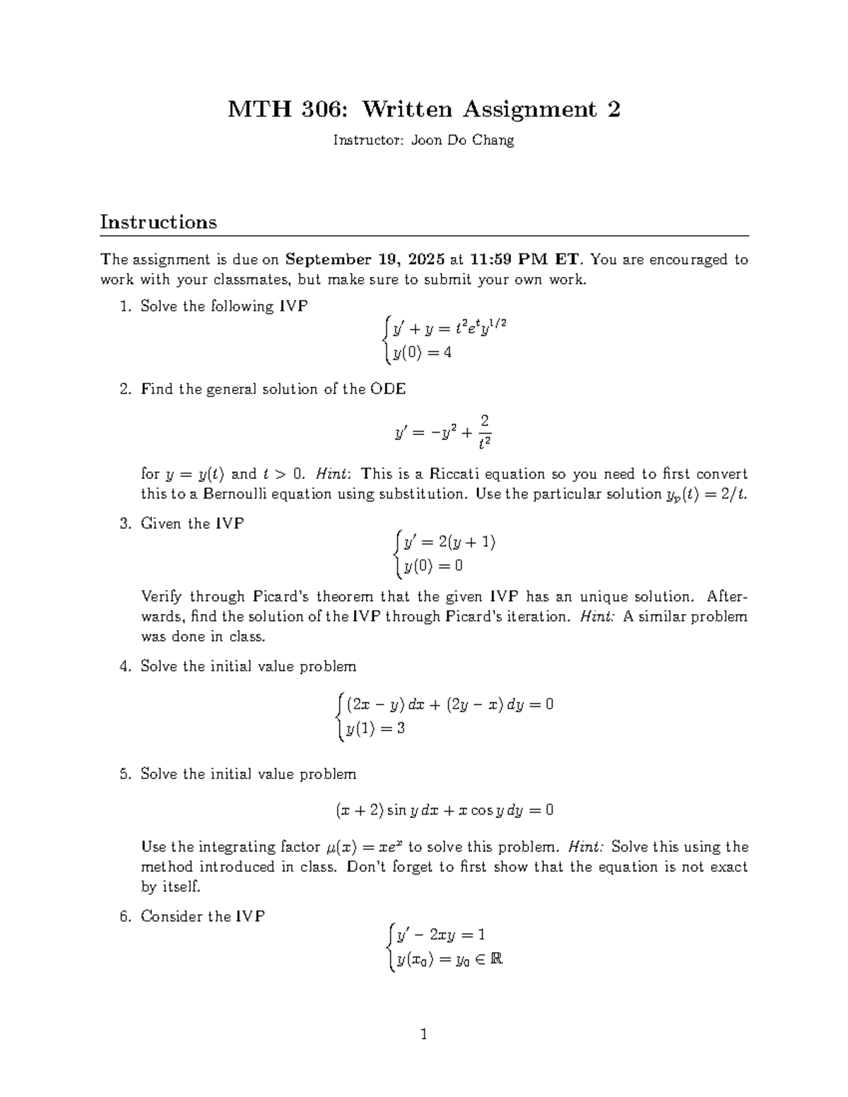 MTH 306: Written Assignment 2 - Differential Equations & IVPs - Studocu