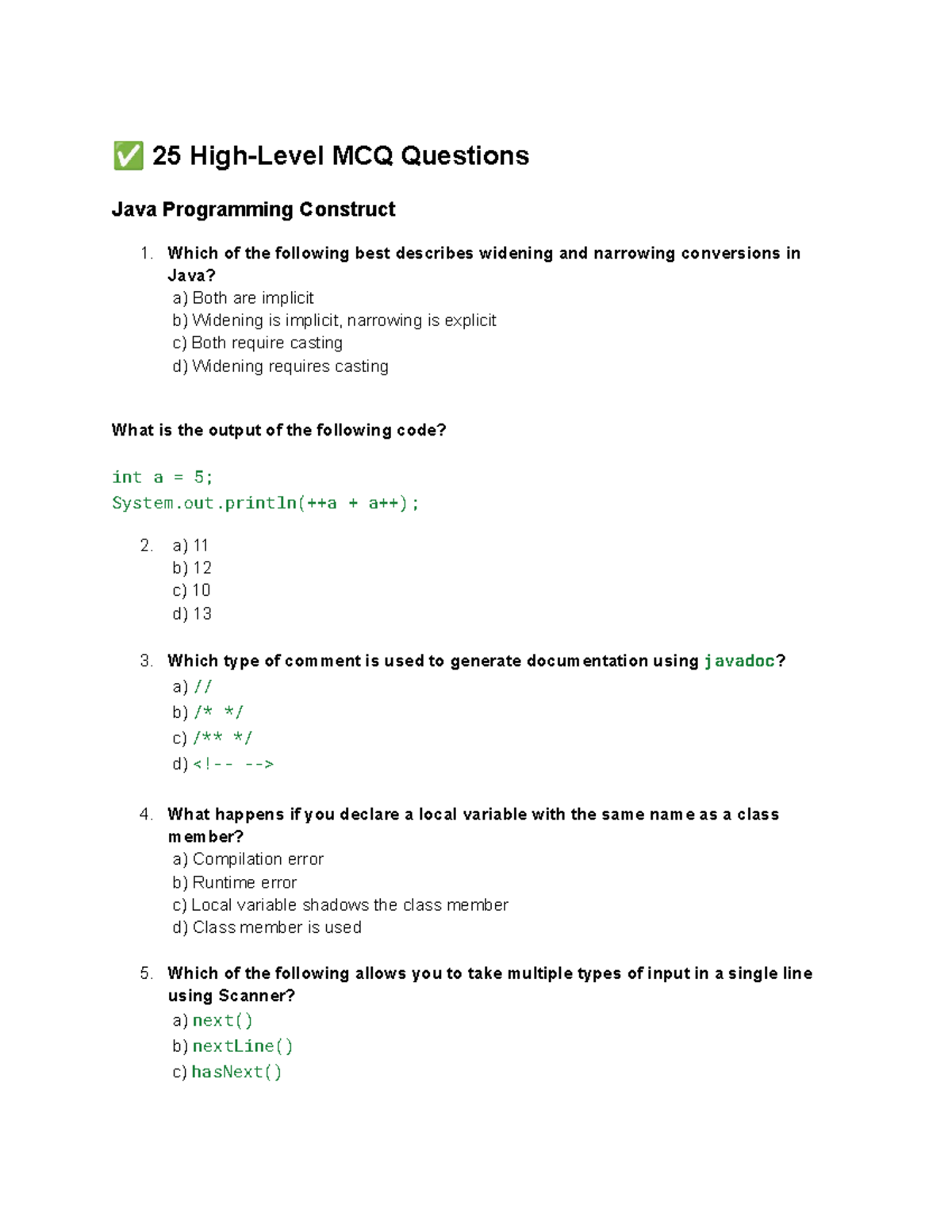Java - MCQ & Coding Questions for High-Level Concepts (25 MCQs & 20 ...