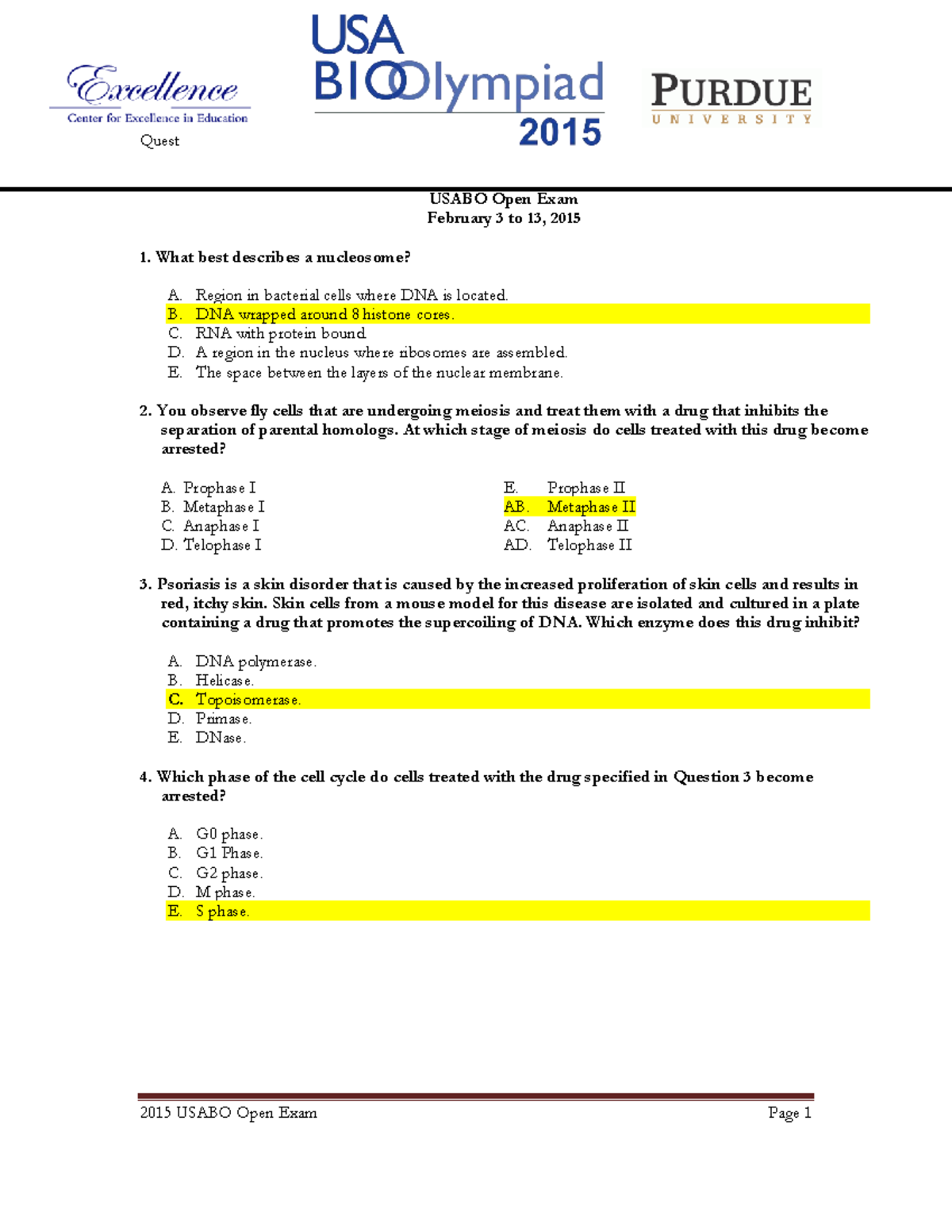 USABO 15 Open Exam Answer Key and Explanations - Studocu