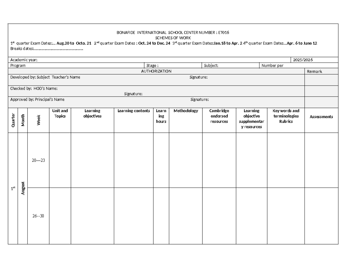 BIS ET016 Schemes of Work: Academic Year Exam Schedule & Planning - Studocu