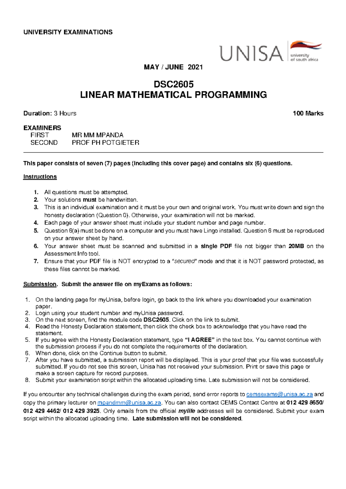 DSC2605 Final Exam June 2021 - Linear Mathematical Programming - Studocu