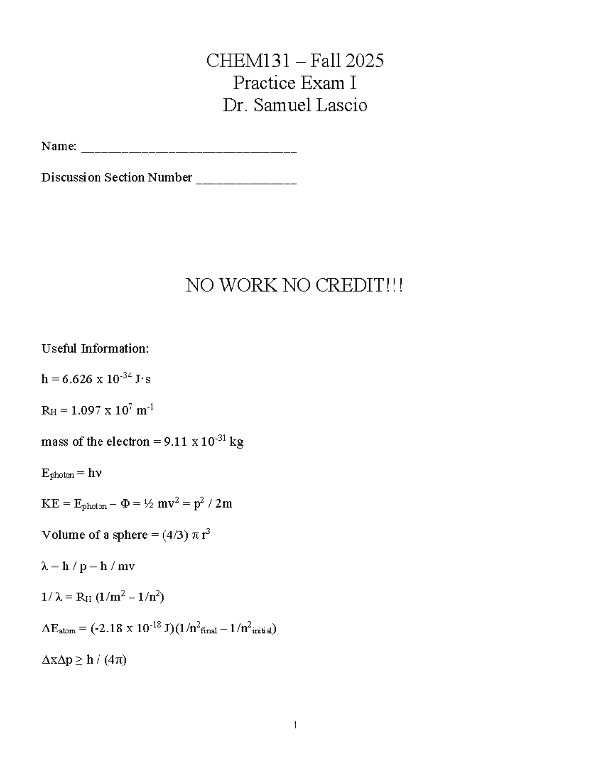 CHEM131 - Fall 2025 Practice Exam I Review Notes - Studocu