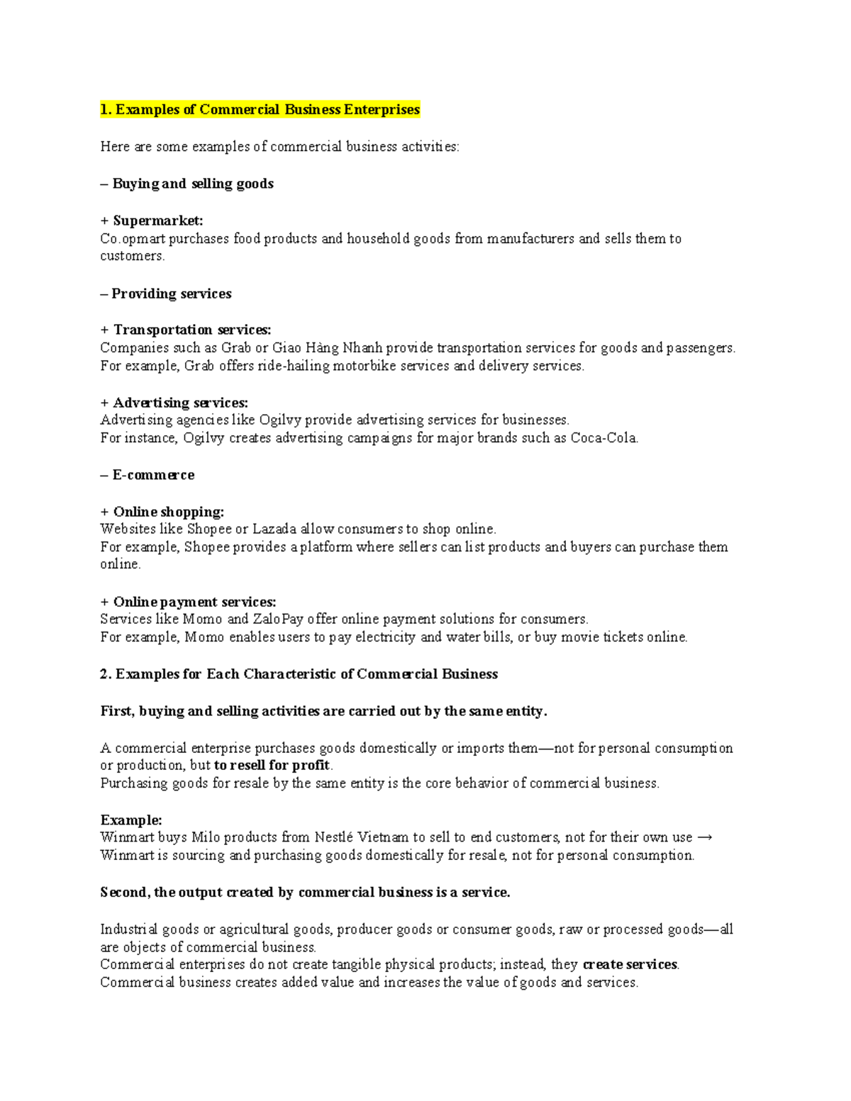 Examples of Commercial Business Enterprises (Course Code: 123123) - Studocu