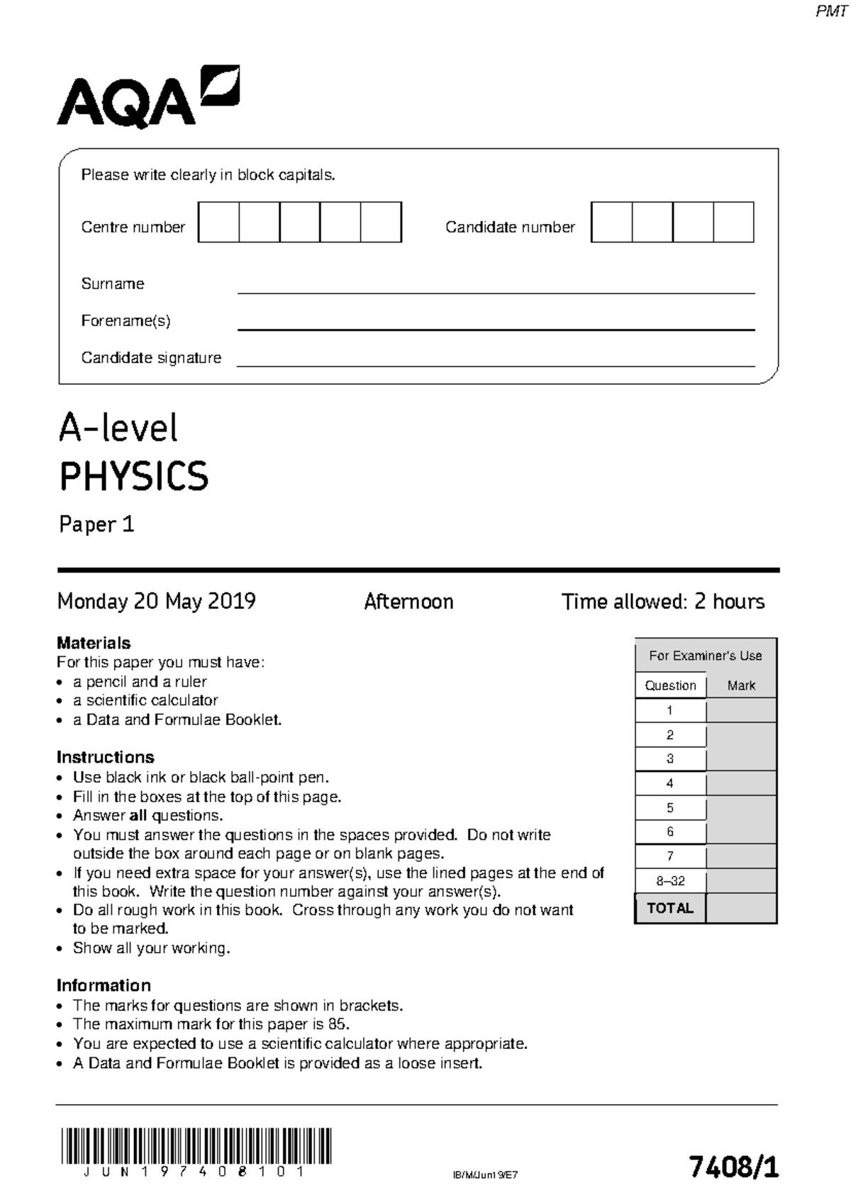 June 2019 A Level Physics Paper - PMT Exam Questions - Studocu