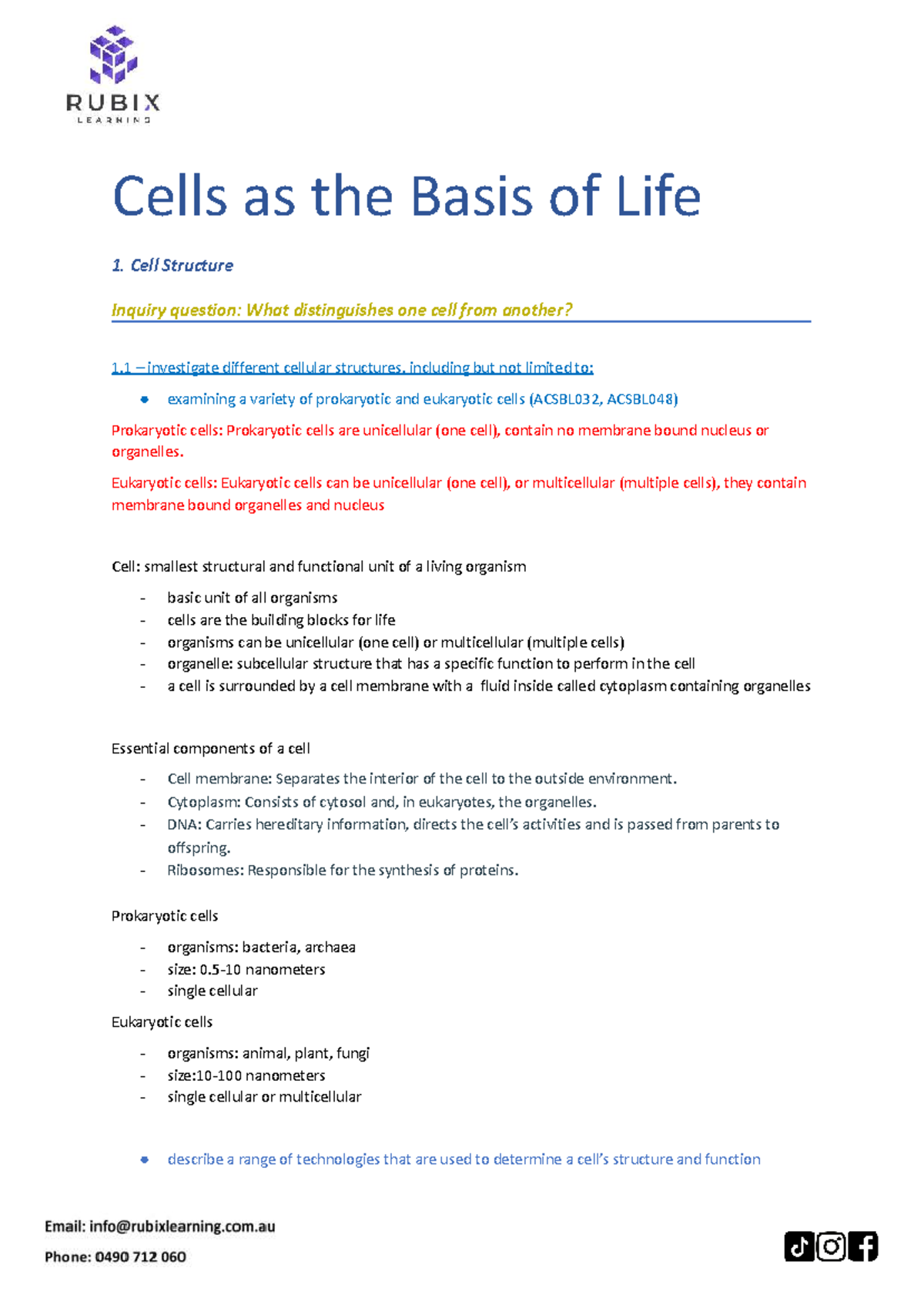 Year 11 Biology Notes: Cell Structure & Function (ACSBL032, ACSBL048 ...
