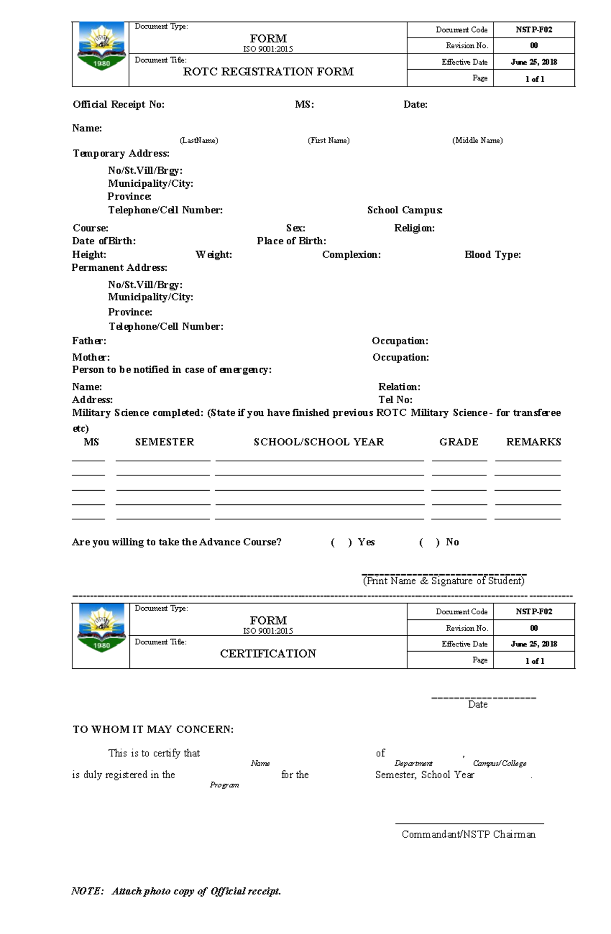 ROTC-FORM - ROTC WAIVER - Document Type: FORM ISO 9001: Document Code ...