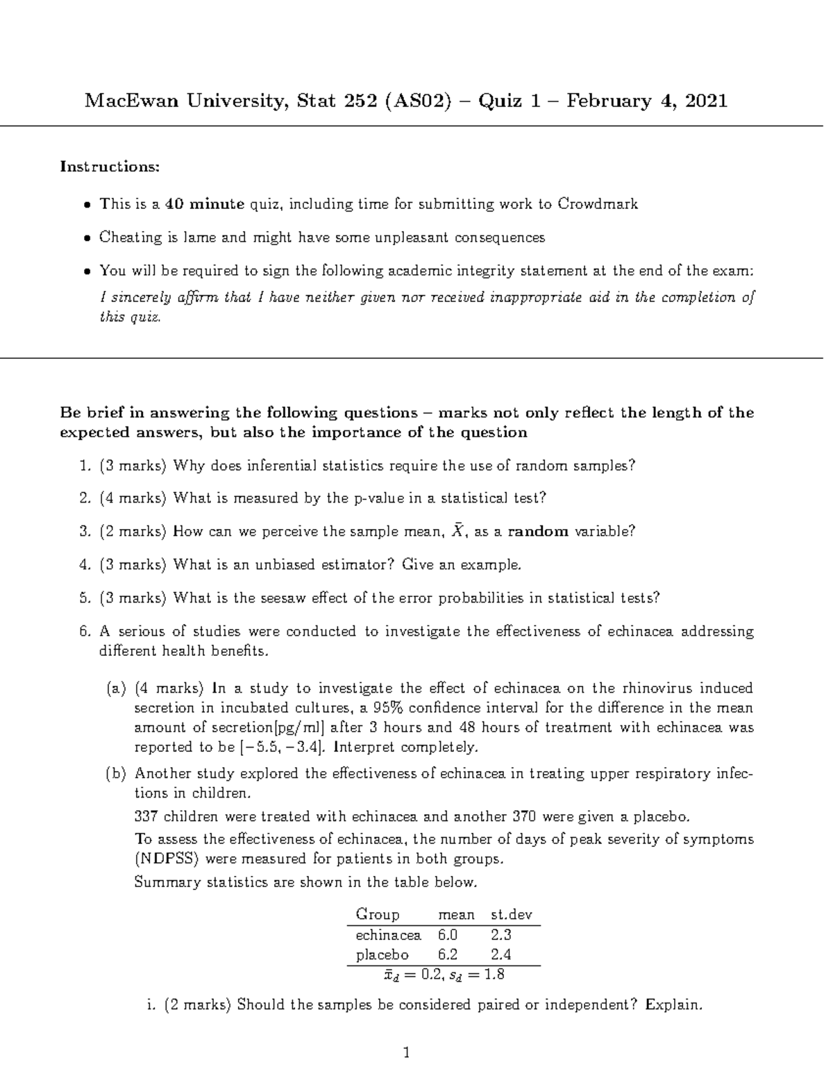 Stat 252 AS02 - Quiz 1 Solutions (February 2021) - Studocu