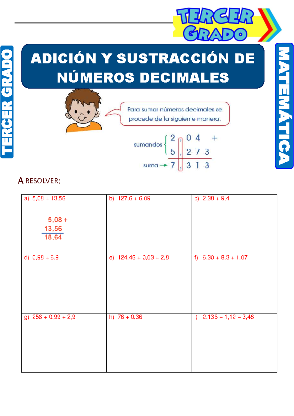 Matemática ADICIÓN Y SUSTRACCIÓN DE NÚMEROS DECIMALES - 3er Grado - Studocu