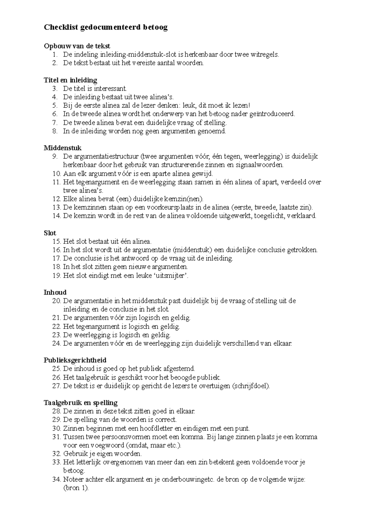 Checklist voor het schrijven van een gedocumenteerd betoog - Studeersnel