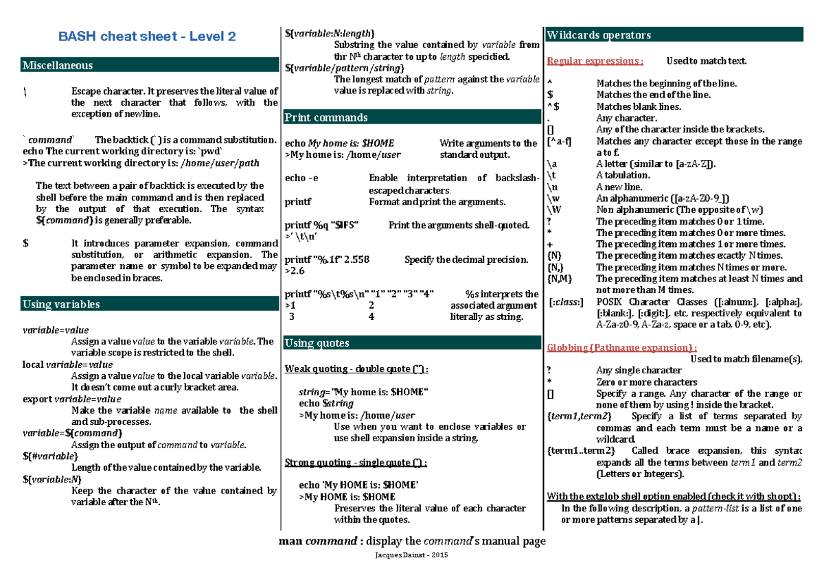 Bash cheat sheet level 2 - man command : display the command’s manual ...