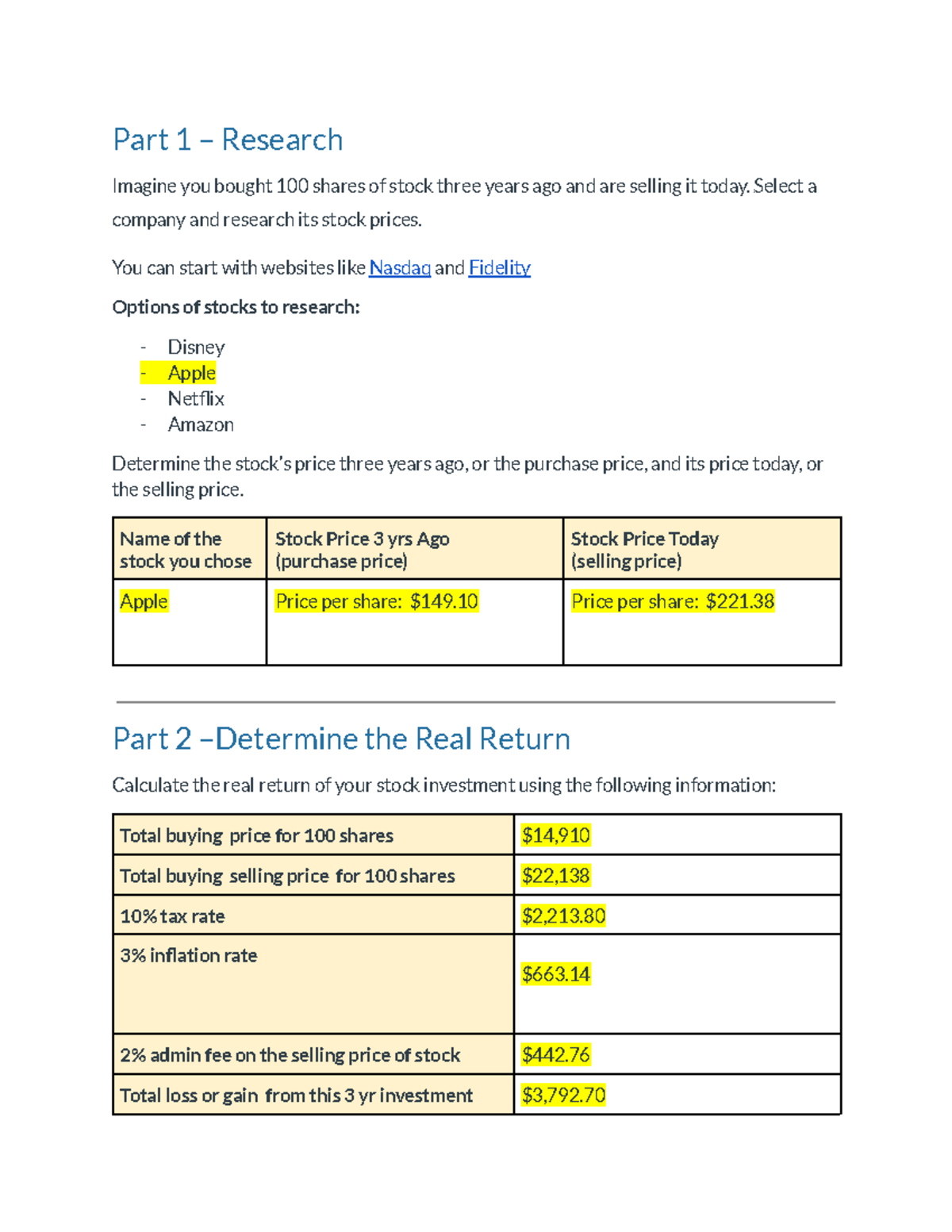Growing Your Money (Homework) - Stock Investment Analysis (FIN 101 ...