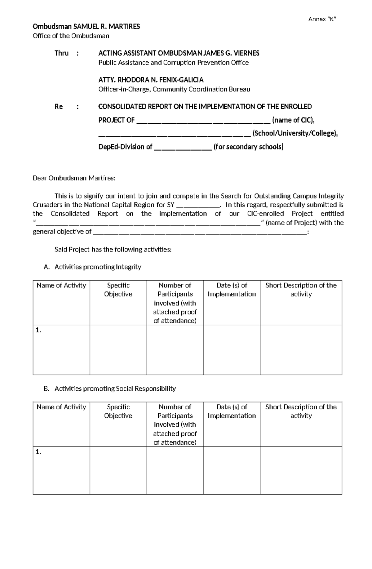 Annex K: Consolidated Report Template for Campus Integrity Projects ...