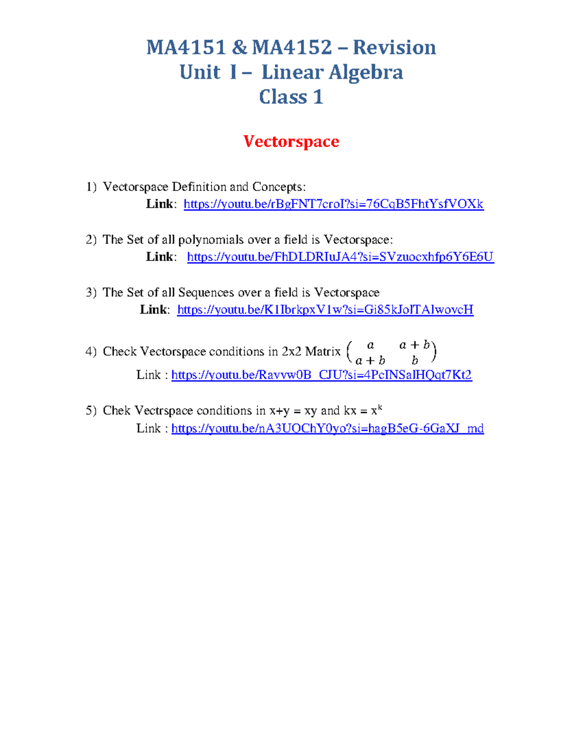 Revision - Unit 1 - Class 1 - MA4151 & MA4152 – Revision Unit I ...