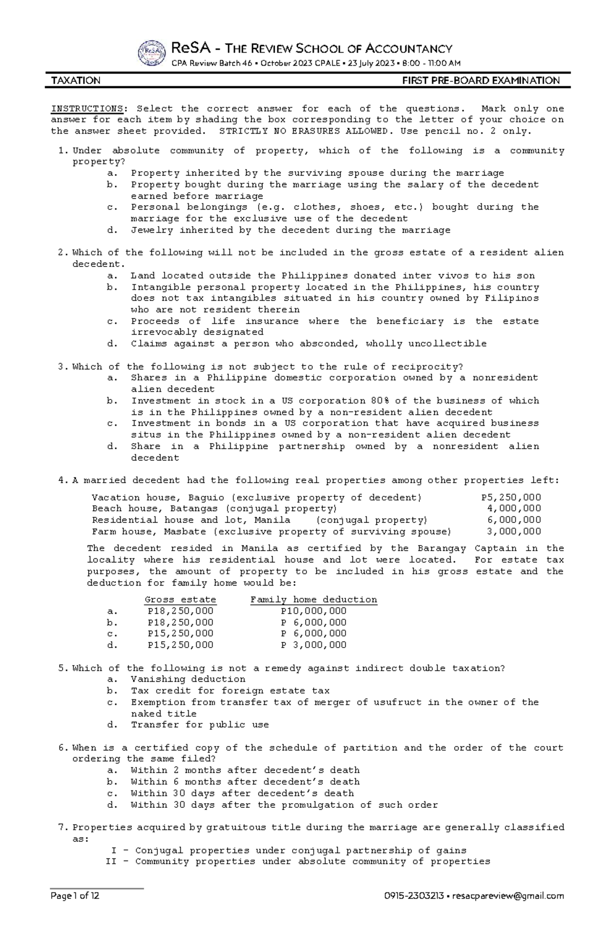 TAXATION FIRST EXAMINATION NOTES - ReSA Batch 46 CPALE 23 July 2023 ...
