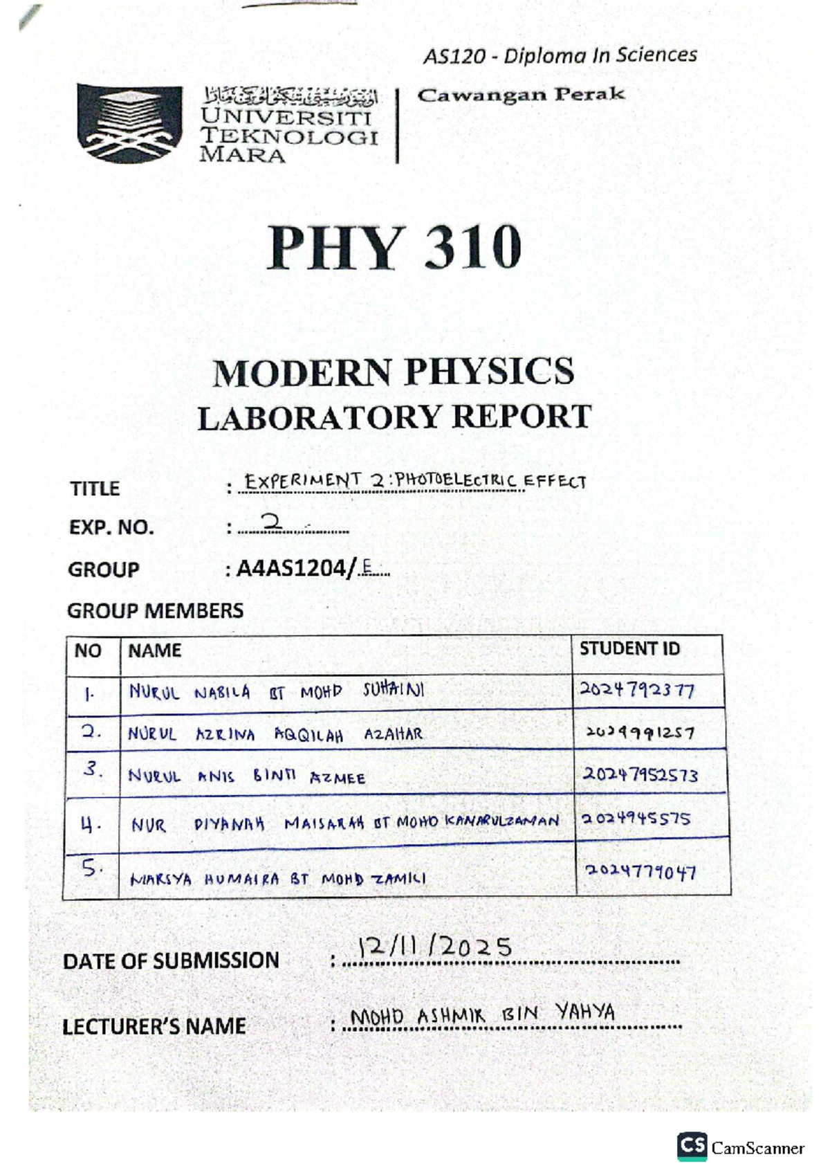 Group 1 Lab Report on Experiment 2: Photoelectric Effect - PHY 310 ...