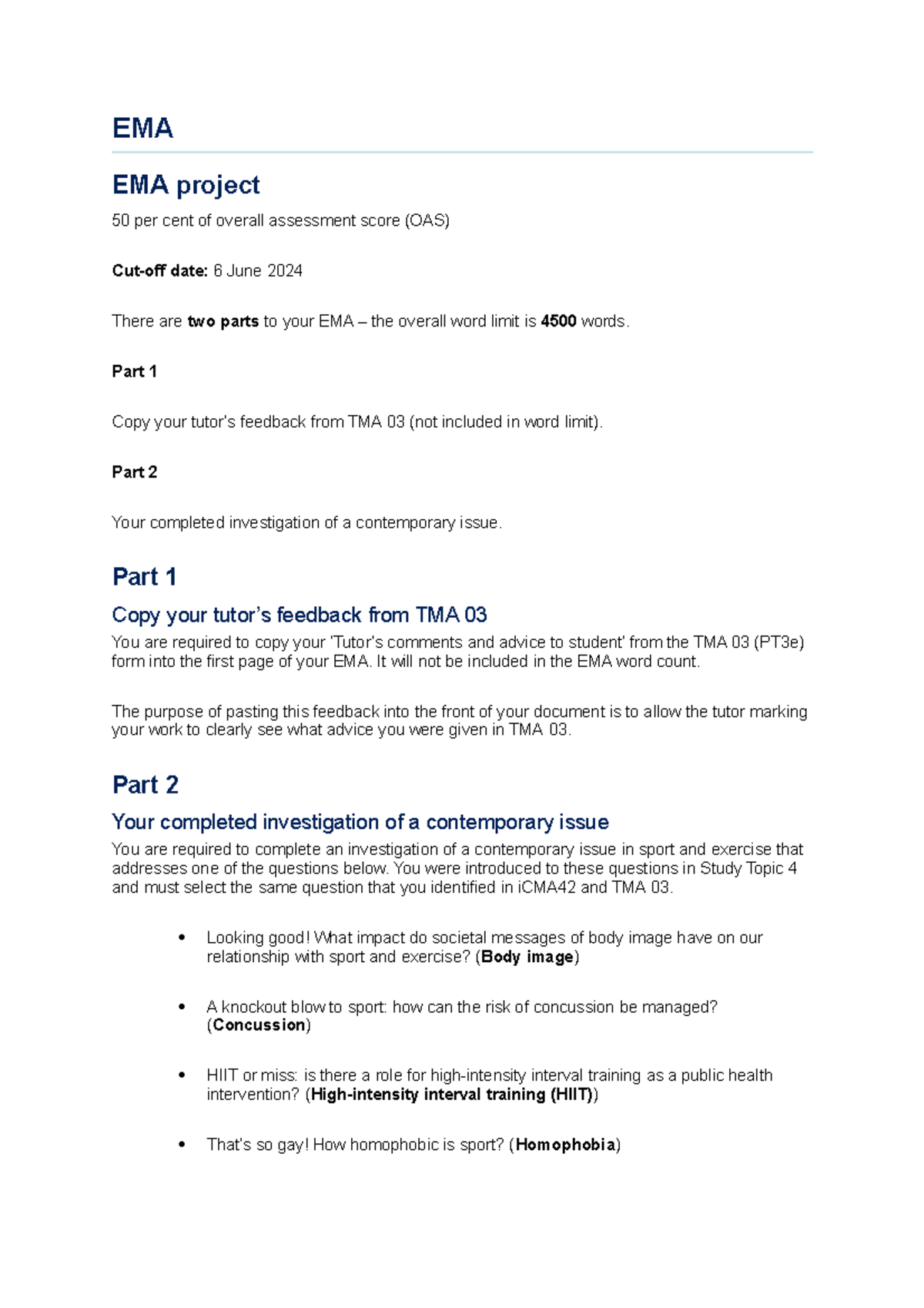 EMA Project Guidelines for E314: Assessment and Investigation Structure ...