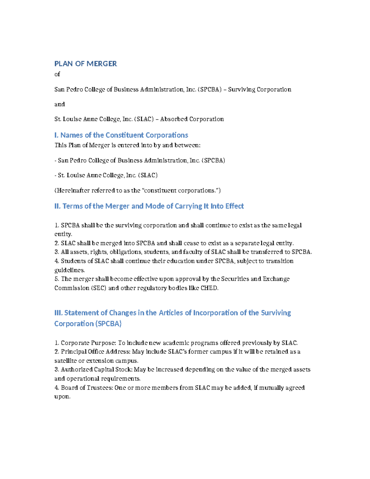 Plan of Merger: SPCBA & SLAC Corporate Integration Details - Studocu