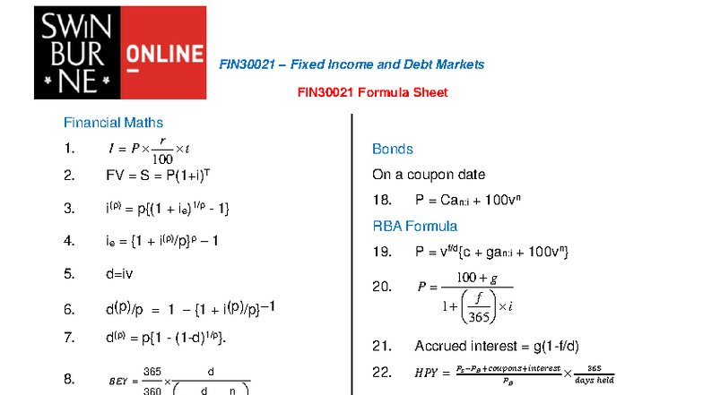 FIN30021 – Week 2 Financial Maths Refresher Formula Sheet - Studocu