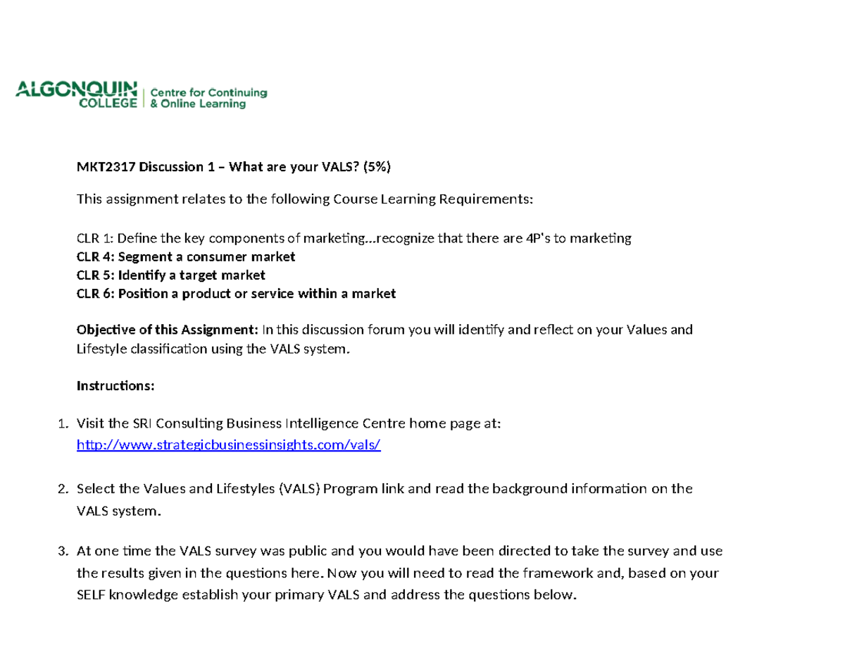 MKT2317 Discussion 1: Exploring Your VALS Insights and Reflections ...
