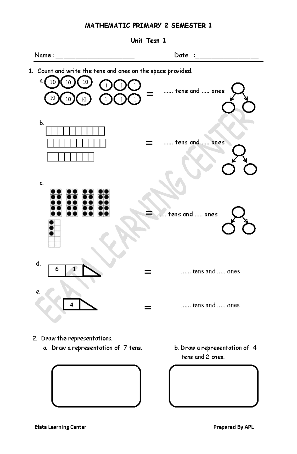 MATHEMATICS P2 SEM 1 UNIT TEST 1: TENS & ONES EXERCISES - Studocu